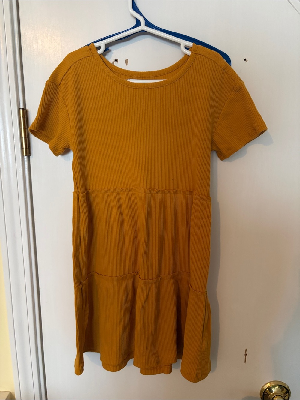 Old Navy Girls' Mustard Ribbed Tiered Short-Sleeve Dress